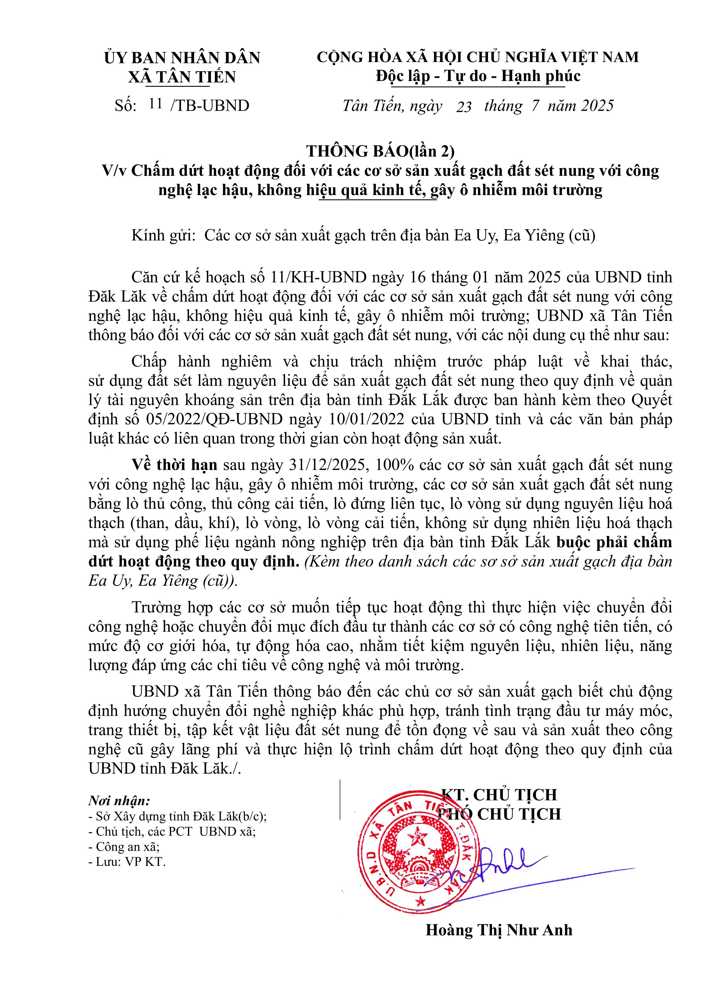 THÔNG BÁO Về việc Chấm dứt hoạt động đối với các cơ sở sản xuất gạch đất sét nung với công  nghệ lạc hậu, không hiệu quả kinh tế, gây ô nhiễm môi trường